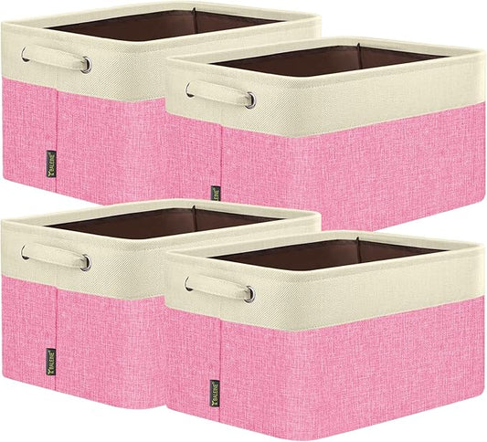 BALEINE 4 Pack Fabric Storage Bins for Shelves, Linen Storage Baskets for Organizing, Decorative Closet Bins for Clothes, Home (Pink, 17''x13''x10.5'')