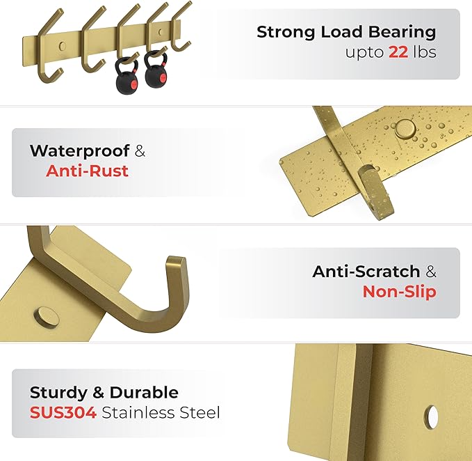 Brushed Gold Wall Mounted Coat Rack – 15 Inch Stainless Steel Rail with 5 Double Coat Hooks for Entryway, Bathroom, Bedroom, Kitchen – Modern Gold Hook Rack for Coats, Hats, Towels