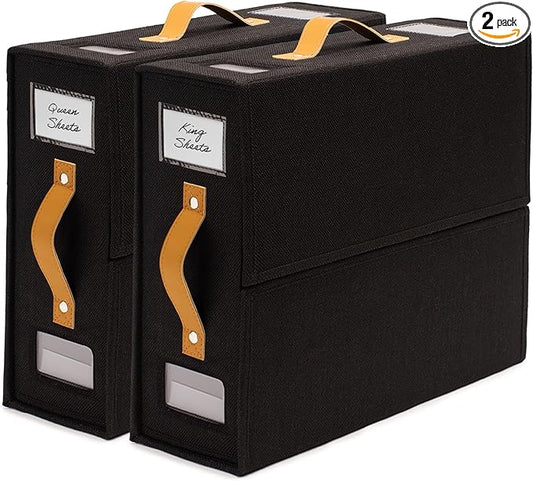 Sheet Organizers and Storage Bags for Bed Sheets, Linen, Blankets, Bedding - Under Bed or Closet Storage Boxes with Dual Handles and Organization Labels - (Black, 2-pack)