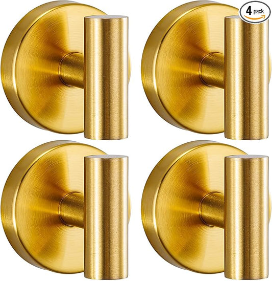 Heavy Duty Reusable Suction Cup Hooks for Shower - No Drill Bathroom/Glass/Mirror/Tiles & Metal Surfaces,and Smooth Non-Porous Surfaces for Towels, Robes, Loofahs (4, Brushed Gold)