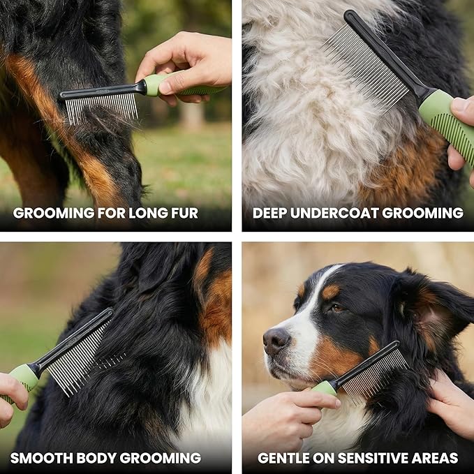 Poodle Grooming Comb - Metal Dematting Comb with Long & Short Stainless Steel Teeth for Removing Matted Hair & Knots, Safe and Gentle for Dogs & Cats (Green)