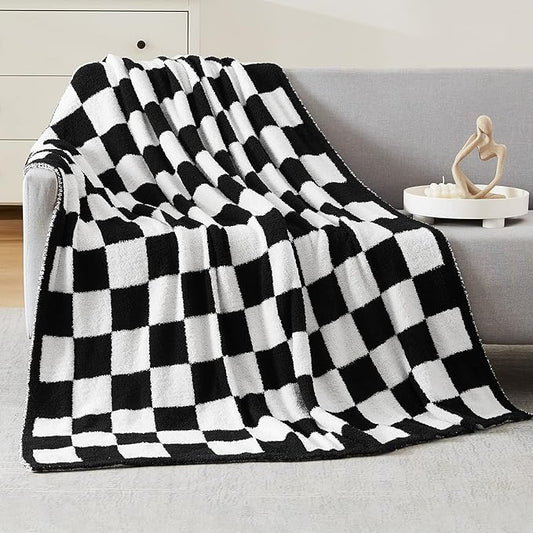 WRENSONGE Checkered Throw Blanket, Black and White Soft Cozy Fluffy Warm Hand Made Throw Blankets for Couch, Sofa, Chair, Bed, Camping, Picnic, Travel Lightweight Bed Blanket - 50"*70"