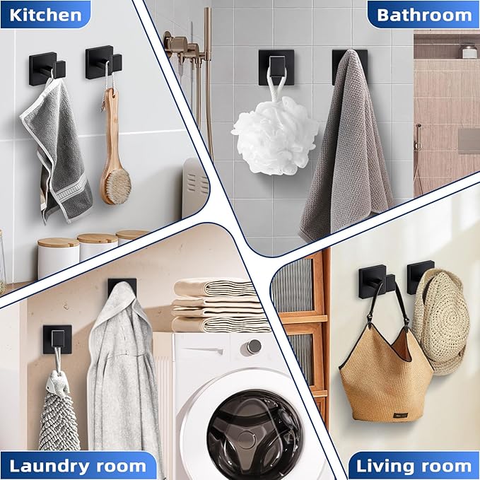 Matte Black Towel Hooks for Bathrooms, Heavy Duty Wall Mounted Stainless Steel Modern Hook, 4 Pack – Ideal for Hanging Towels, Robes, Coats, in Kitchen, Bedroom, Bathroom, or Hotel