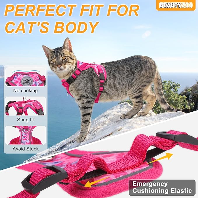 BEAUTYZOO Escape Proof Cat Harness and Leash for Walking, Soft Adjustable Cute Vest for Small to Large Cats, Reflective Breathable Easy-Control Outdoor Jacket, Kitten Harness and Leash Set, Rose, M