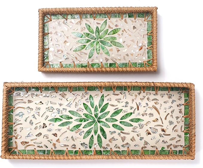 2 Pack Rattan Bathroom Vanity Tray with Mother of Pearl Inlay, Toilet Tank Tray, Toilet Basket Tank Topper, Bathroom Basket for Organizing and Decor (Green Leaves)