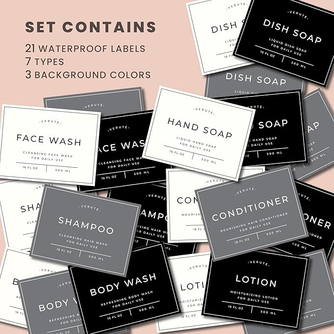 16oz Glass Soap Dispenser with Stainless Steel Pump, 21 Waterproof Labels, Non-Slip Protective Silicone Pad, Set of 2 for Bathroom & Kitchen (Matte White Bottle/Black Pump)