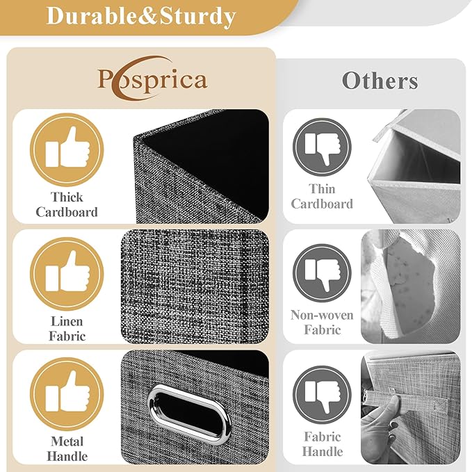 Posprica Closet Storage Bins, 4 Pack Large Closet Shelf Organizers, Linen Fabric Decorative Storage Baskets for Organizing, Foldable Storage Box for Clothes, Toy, 16.5x12x10.25 Inch (Black)