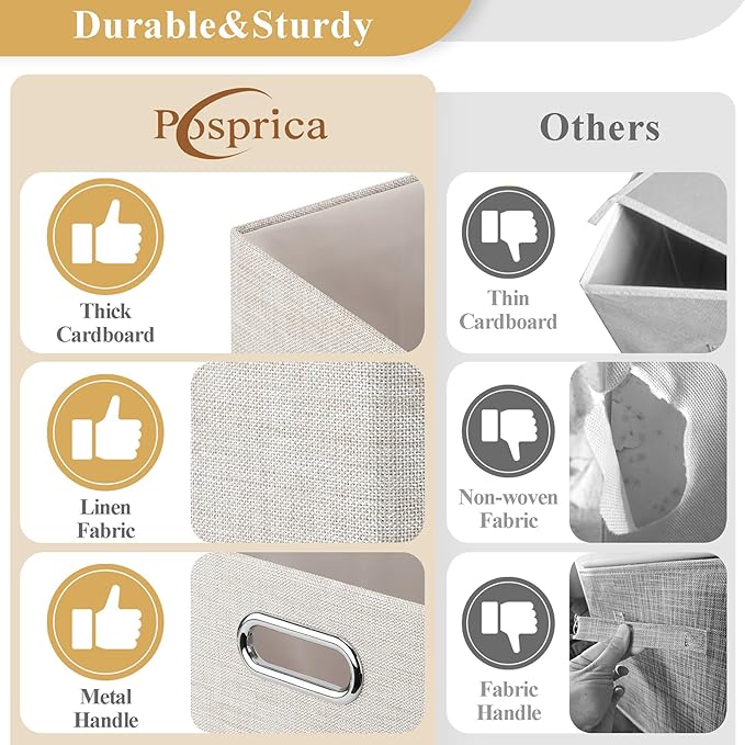 Posprica 15.12"x12.13"x12.01" Storage Cube Bins, Linen Decorative Closet Storage Organizer for IKEA Kallax, 4 Pack Fabric Foldable Large Storage Baskets for Closet, Shelves, Clothes, Toy (Beige)