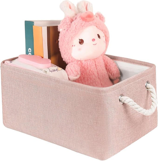 Storage Bins with Sturdy Cotton Handles(1 Pack), Fabric Storage Baskets for Organizing use for Office & Home, Book, Clothes, Toys, Closet Boxes (Small, Pink, 12.2x8.3x6.3 inches)