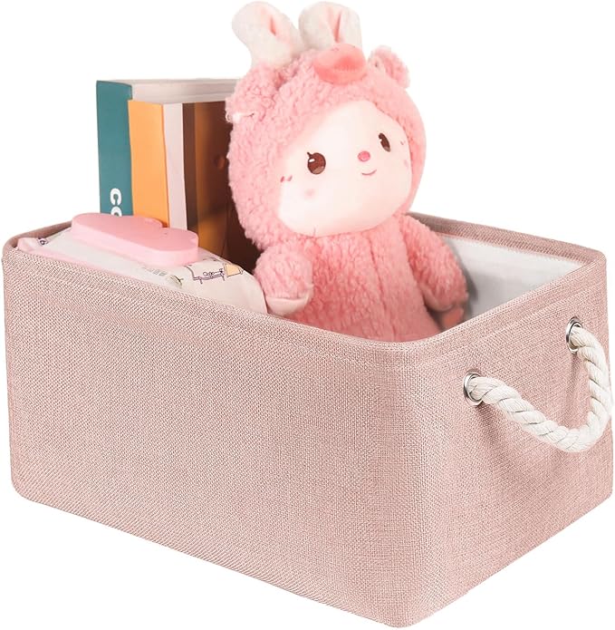 Storage Bins with Sturdy Cotton Handles(1 Pack), Fabric Storage Baskets for Organizing use for Office & Home, Book, Clothes, Toys, Closet Boxes (Medium, Pink, 14.2x10.2x7.1 inches)