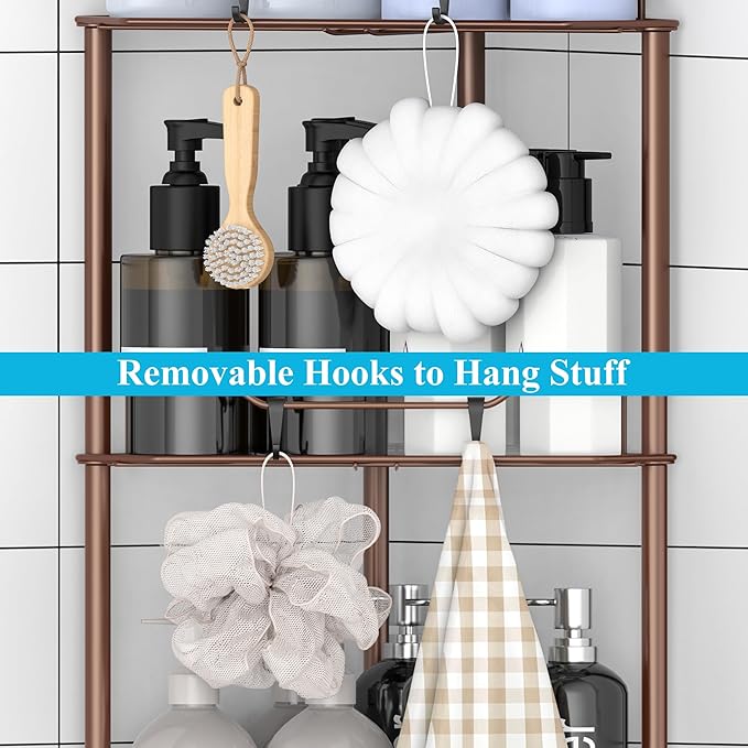 4 Tier Floor Standing Corner Shower Caddy Organizer Shelf with Hooks, Bathroom Shelves Stand Rack, Coffee