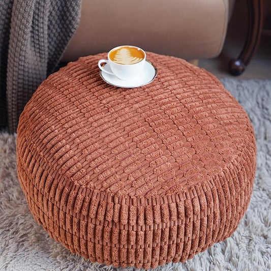 Unstuffed Pouf Ottoman Cover Soft Storage Extra Seat Farmhouse Comfortable Bohemian Poufs Accent Footrest 20x20x8 Inches for Living Room Bedroom Study Nook (Caramel B, Round)