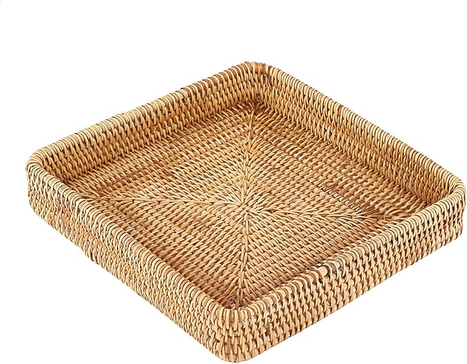 Hipiwe Key Basket Tray for Entryway Table Rattan Serving Tray Handwoven Wicker Baskets Vanity Trays Square Decorative Fruit Trays for Kitchen Counter Bedside Living Room Bathroom, 8.1"