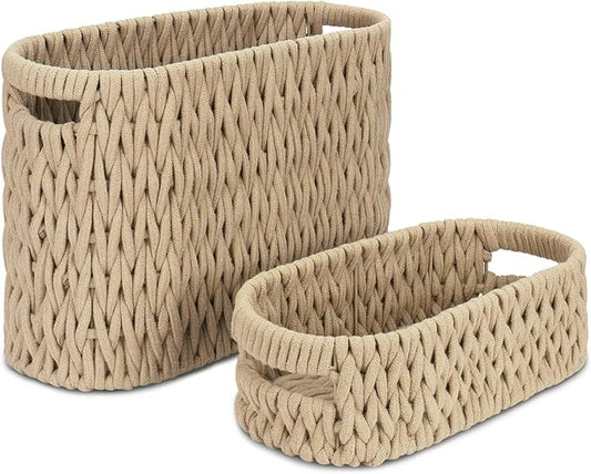Boho Toilet Paper Storage Baskets, Cotton Rope Woven Bathroom Basket Set of 2, Standing Toilet Paper Holder for 6 Mega Rolls,Storage Bins for Toilet Tank Top, Bathroom Organizer Decor (Brown 2 Pack)