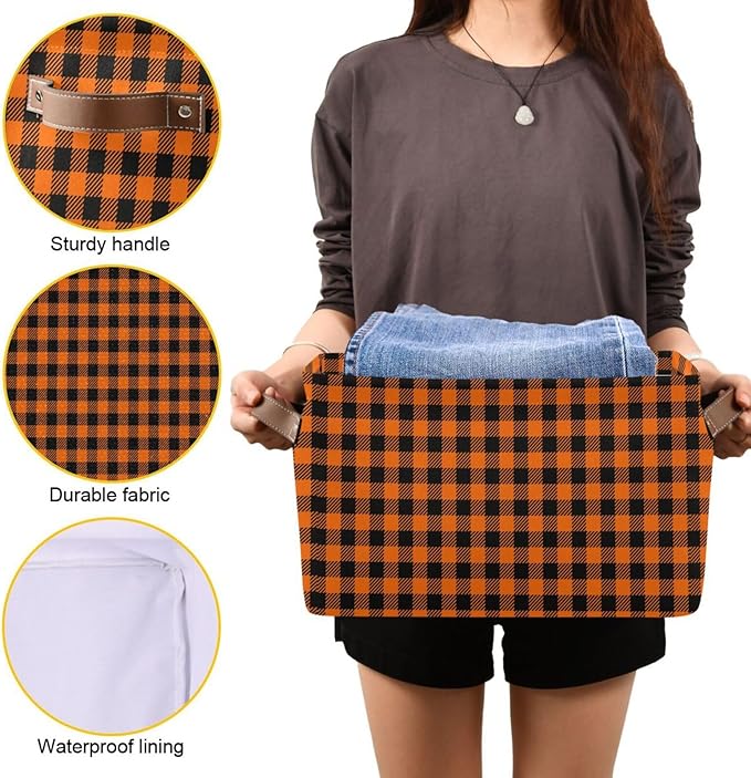 Halloween Thanksgiving Black Orange Plaid Large Storage Basket Cube Storage Bin Canvas Fabric Organizer Handles Collapsible Decorative for Clothes Toys Bedroom