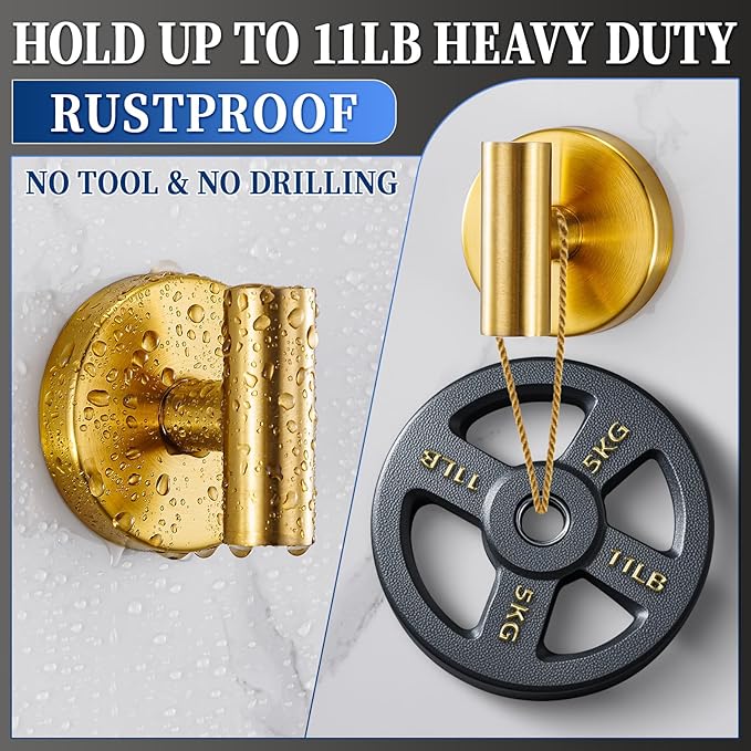 Heavy Duty Reusable Suction Cup Hooks for Shower - No Drill Bathroom/Glass/Mirror/Tiles & Metal Surfaces,and Smooth Non-Porous Surfaces for Towels, Robes, Loofahs (4, Brushed Gold)