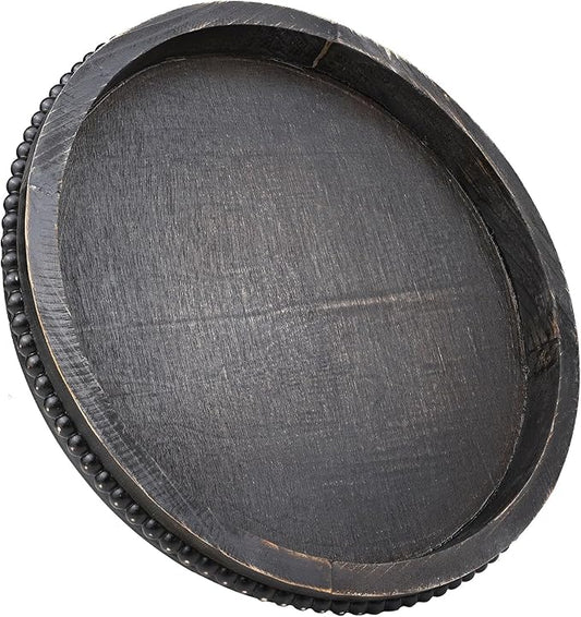 Round Wooden Serving Tray with Beads, Circle Vintage Black Wood Coffe Table Tray for Dining Room Table Centerpiece, Kitchen Counter
