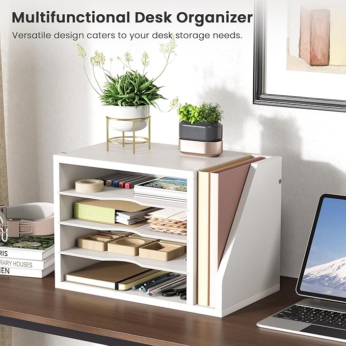 File Organizer Desktop, Wood Desk Organizer with 3 Adjustable Shelves, Mail Paper Sorter for Office, Home, File Holders for Envelopes, Mail Supplies or Magazines, White
