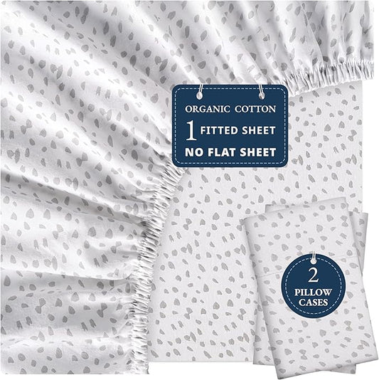 LANE LINEN Queen Fitted Sheet, 100% Organic Cotton Fitted Bed Sheets, 3 Pc Set(1 Fitted Sheet,2 Pillowcases) Percale Weave, Breathable, Fits Mattress Upto 15" Deep - White(Grey Dot)(No Flat Sheet)
