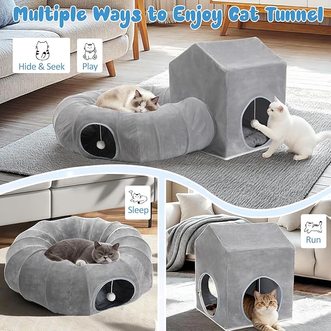 Pawaboo Cat Tunnel Bed Under Christmas Tree with Cat House, Cats Donut Tube with Square House, Christmas Cats Toy Circle Tunnel with Cave, Kitten Bed Hideout Gift Festive Kitty Tube Tunnels, Dark Gray