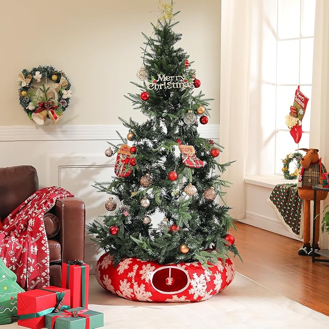 PEQULTI Cat Christmas Tunnel with Bed for Indoor Cats, Cat Donut Tunnel Under The Tree with Washable Soft Plush Mat, Round Tube Toys Cute Tube for Kittens, Puppies, Rabbits and Ferrets, Red