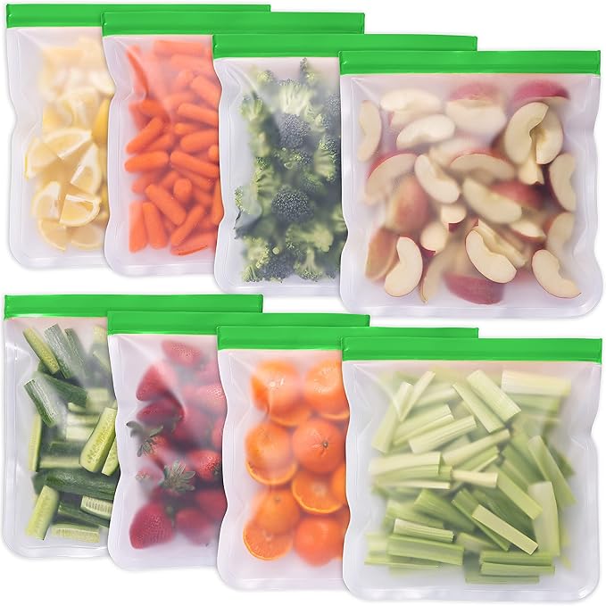 GREENZLA Planet Friendly Reusable Freezer Bags, 8-Pack Extra Thick and Leakproof & Resealable - For Safe Food Storage, Marinating, Snacks, & Meal Prep, Reusable Bags for Food, & Freezer Safety