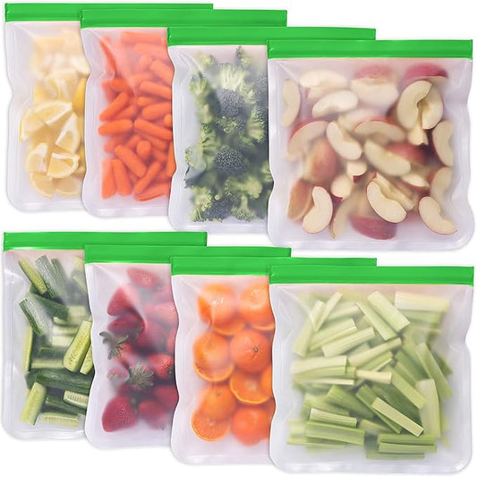 GREENZLA Planet Friendly Reusable Freezer Bags, 8-Pack Extra Thick and Leakproof & Resealable - For Safe Food Storage, Marinating, Snacks, & Meal Prep, Reusable Bags for Food, & Freezer Safety