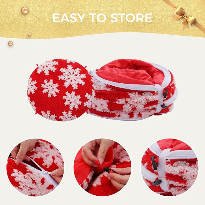 PEQULTI Cat Christmas Tunnel with Bed for Indoor Cats, Cat Donut Tunnel Under The Tree with Washable Soft Plush Mat, Round Tube Toys Cute Tube for Kittens, Puppies, Rabbits and Ferrets, Red