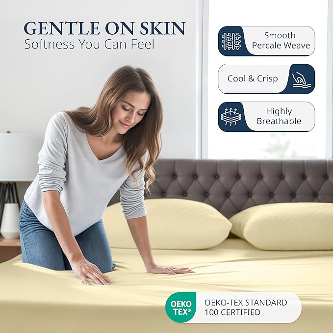 LANE LINEN Twin XL Fitted Sheet, 100% Organic Cotton 2-Piece Set (1 Fitted Sheet, 1 Pillowcase), Percale Weave, Bottom Sheet, Soft, Breathable, Fits Mattress Upto 15" Deep - Vanilla (No Flat Sheet)