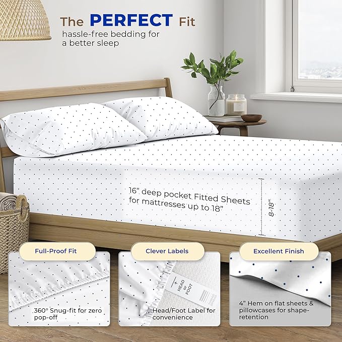 THREAD SPREAD 100% Egyptian Cotton Printed Bed Sheets - 600 Thread Count 4 PC King Sheet Set, Hotel Luxury Sateen Bedsheets, 16" Deep Pocket Soft Cooling Sheets for King Size Bed - Polka Dot - Navy