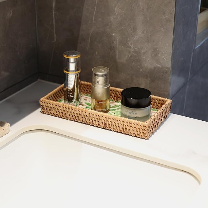 2 Pack Rattan Bathroom Vanity Tray with Mother of Pearl Inlay, Toilet Tank Tray, Toilet Basket Tank Topper, Bathroom Basket for Organizing and Decor (Green Leaves)