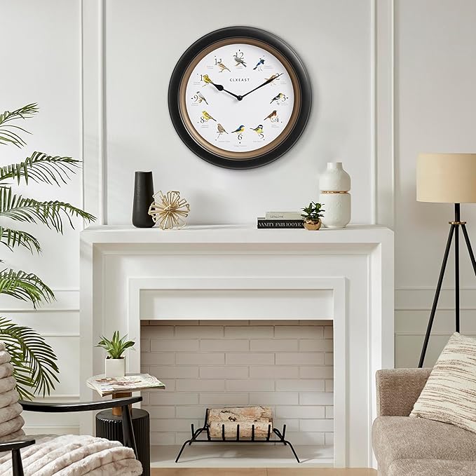 CLXEAST 13.3 Inch Singing Bird Wall Clock with Original 12 Native Recordings Sounds,Auto Night Silence,Gift for Bird Lovers,Oil Rubbed Bronze Black Finish,House Warming Gifts New Home