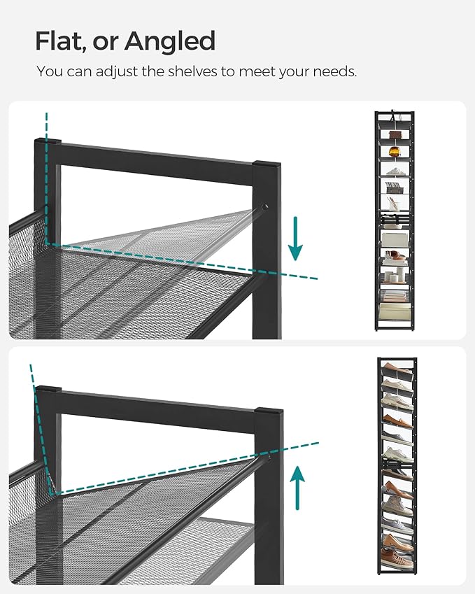 SONGMICS Shoe Rack, 12-Tier Shoe Organizer, Metal Shoe Storage for Garage, Entryway, Set of 2 6-Tier Stackable Shoe Shelf, with Adjustable Flat or Angled Shelves, Holds 48-60 Pairs, Black ULMR12B