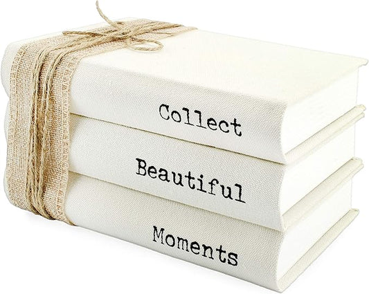 AuldHome Design Faux Book Stack: Collect Beautiful Moments Decorative Book Set w/Burlap Ribbon Wrap