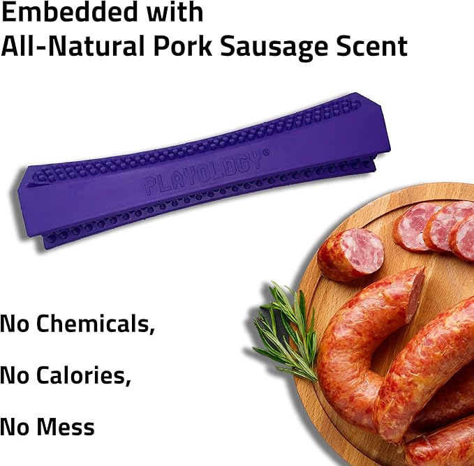 Playology Dog Toys | Dental Chew Stick Gentle on Gums | Jumbo Pork Sausage Scented Toy - Easy to Clean and Made from Non Toxic Materials