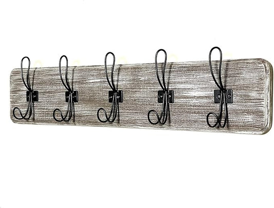 Wooden Coat Hanger Wall Mount Rack, 5 Hanger Hooks, 24” for Entryway, Kitchen, Bedroom, Bathroom, Decorative Rustic Farmhouse Design, Antique Whitewash, Black Hooks