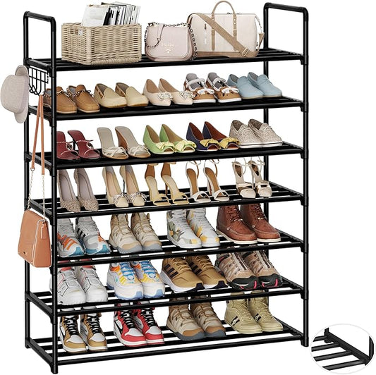 Metal Shoe Organizer,7 Tiers Shoe Storage Shoe Rack with Hooks,Fit 24-30 Pairs,Adjustable Shoe Shelf for Entryway,Hallway,Bedroom,Metal Bottom Support