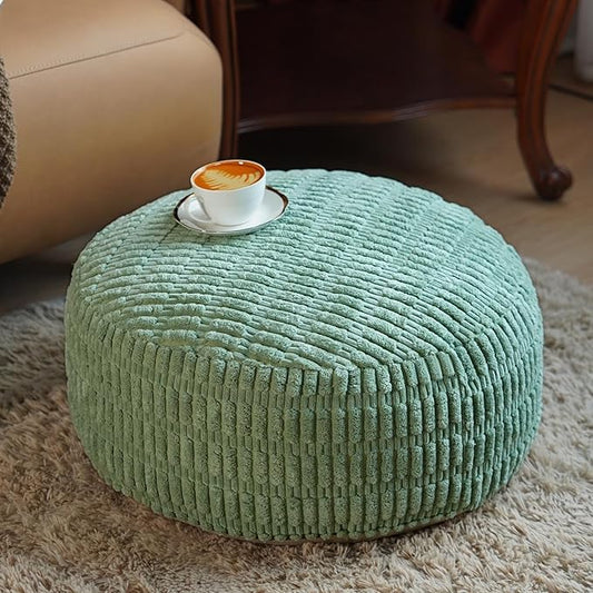 Unstuffed Pouf Ottoman Cover Soft Storage Extra Seat Farmhouse Comfortable Bohemian Poufs Accent Footrest 20x20x8 Inches for Living Room Bedroom Study Nook (Green, Round)