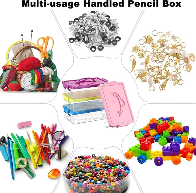 BTSKY 4-Pack Clear Plastic Storage Box with Lid, Stackable Organizer Featuring Easy-Lift Dolphin Design Multi-Use Portable Small Container for Home Craft Office Space-Saving with Secure-Clasp,4 Colors