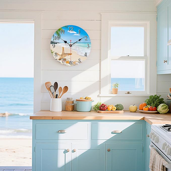 8 Inch Wall Clock Coastal Seashell Starfish Beach Decorative Clocks, Silent Non Ticking Battery Operated Palm Tree Wall Clock for Bedroom/Living Room/Kitchen