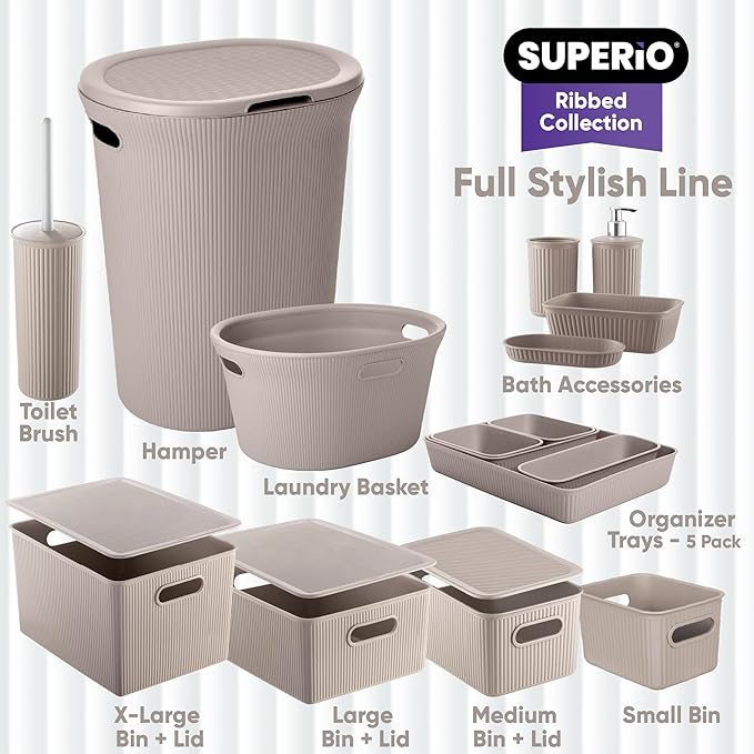 Superio Ribbed Collection - Decorative Plastic Laundry Basket with Cut-Out Handles, Taupe (2 Pack) Hamper Organzier for Bedroom Bathroom College Dorm Room 35 Liter
