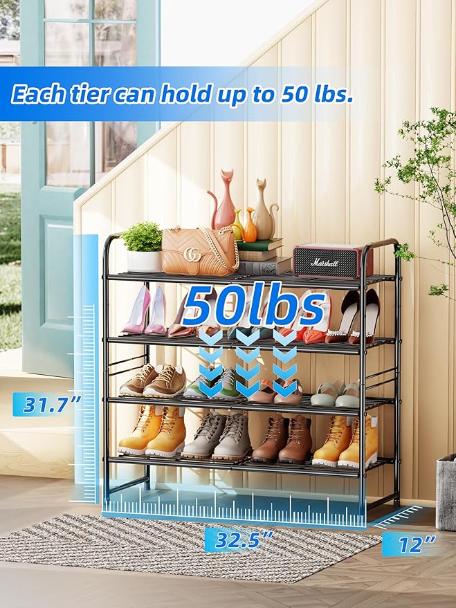SUFAUY 33" Wide Shoe Rack, 4-Tier Shoe Storage Rack for 20-25 Pairs of Shoes, Shoe Organizer for Entryway, Stackable, Heavy Duty, Steel Frame, Industrial, Black