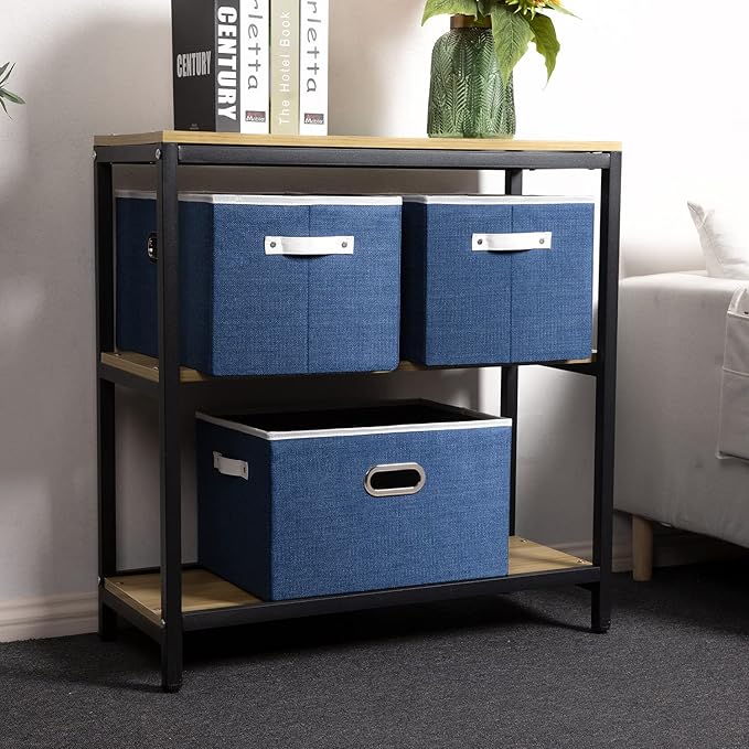 PRANDOM Larger Collapsible Storage Bins for Closet [3-pack] Decorative Linen Fabric Storage Baskets Cubes with Leather/Metal Handles for Living Room Royal Blue (17.3x12.2x10.4 Inch)