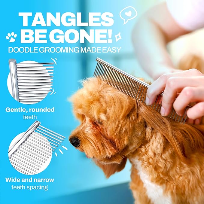 Dog Combs for Grooming Matting, Finishing Metal Comb For Dogs, Large Stainless Steel Doodle Dog Grooming Combs, Tackles Mat & Tangles for Poodles, Labradoodle, Cockapoo Pet Comb
