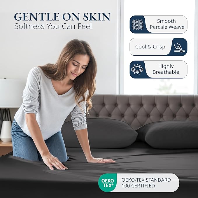 LANE LINEN Twin XL Fitted Sheet, 100% Organic Cotton 2-Piece Set (1 Fitted Sheet, 1 Pillowcase), Percale Weave, Lightweight, Soft, Breathable, Fits Mattress Upto 15" Deep - Black(No Flat Sheet)