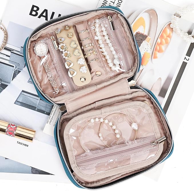 NISHEL Travel Jewelry Case, Holiday Organizer for Necklaces, Earrings, Rings, Bracelets, Watch,Small,Lake-Blue