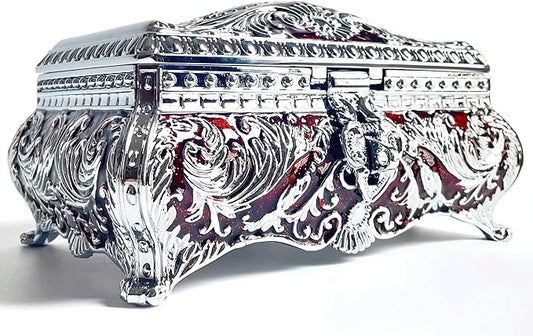 SIWOT Rectangular Classical Patterned Jewelry Box,Metal Retro European Scroll Design Treasure Storage Chest Case for Girls Women (Chrome Red, Large)