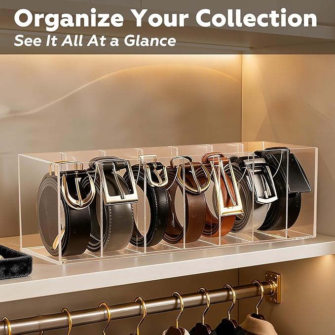 JASGOOD Acrylic Belt Organizer for Closet- 7 Compartments Clear Storage Container Display Holder for Belts, Ties, Watches, Bracelets, Jewelry,Make up and Accessories