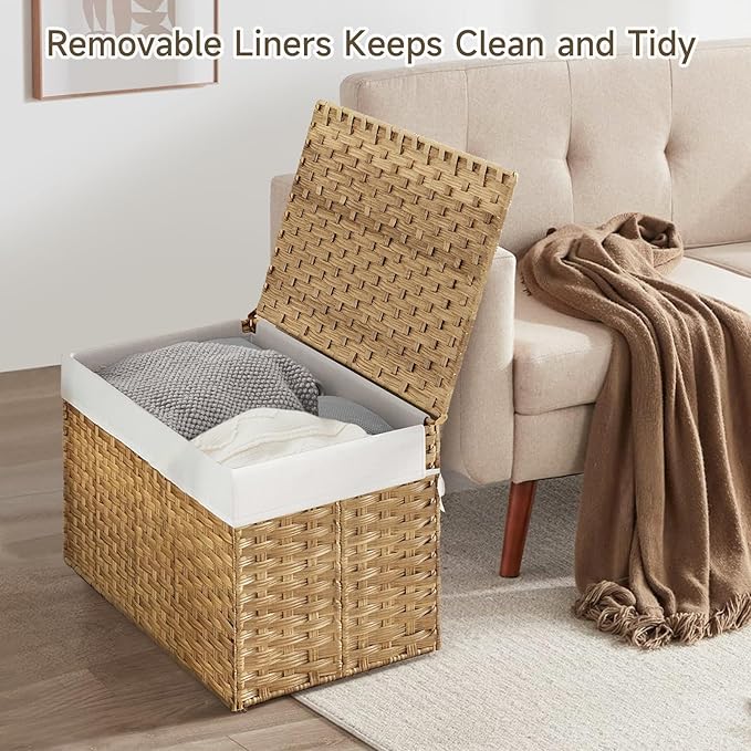 240L Wicker Storage Basket with Lid, Handwoven Rattan Large Shelf Basket with Removable Liner, 47.6 Gallon Wicker Basket for Blanket, Storage Trunk with Handle for Closet, Bedroom, Livingroom, Natural