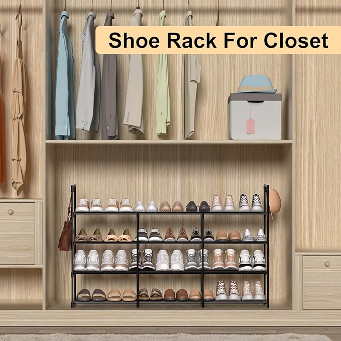 3-Row 4-Tier Shoe Rack, Black Metal Stackable Shoe Shelf with Multifunctional Hooks, Hold 24-30 Pairs, Space Saving Shoes Organizer for Closet,Show Rack
